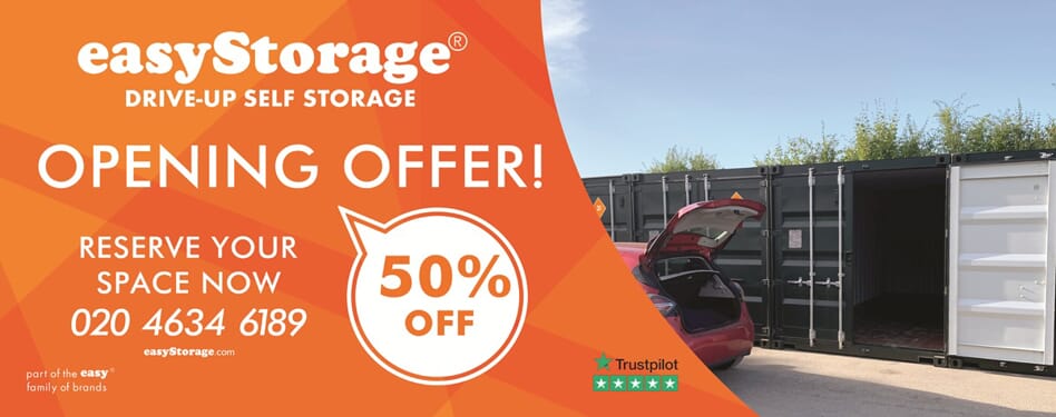An image of the Easy Storage freights with text that reads, "Easy Storage - Drive-up self storage opening offer. Reserve your space now with 50% off. Call 020 4634 6189."